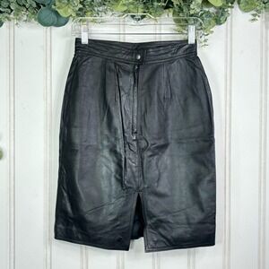 Genuine‎ Leather Pencil Skirt Black Slit Whimsigoth Punk Retro Edgy Women size 6